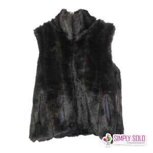 Giacca Gallery Women's Faux Fur Vest Brown Black Trim Full-Zip Side Pockets Sz M